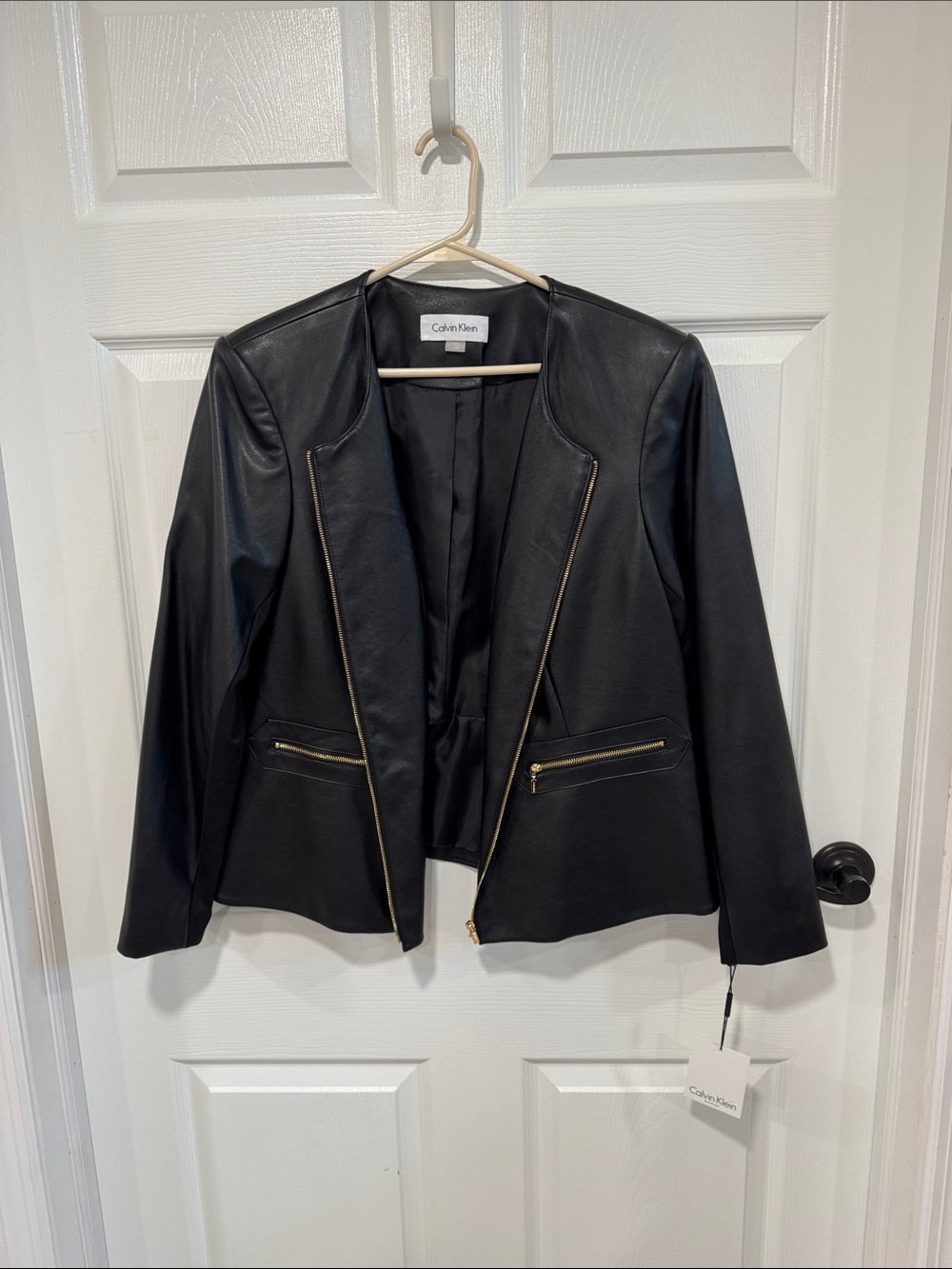 Calvin Klein Black Faux Leather Zip-Pocket Open Blazer